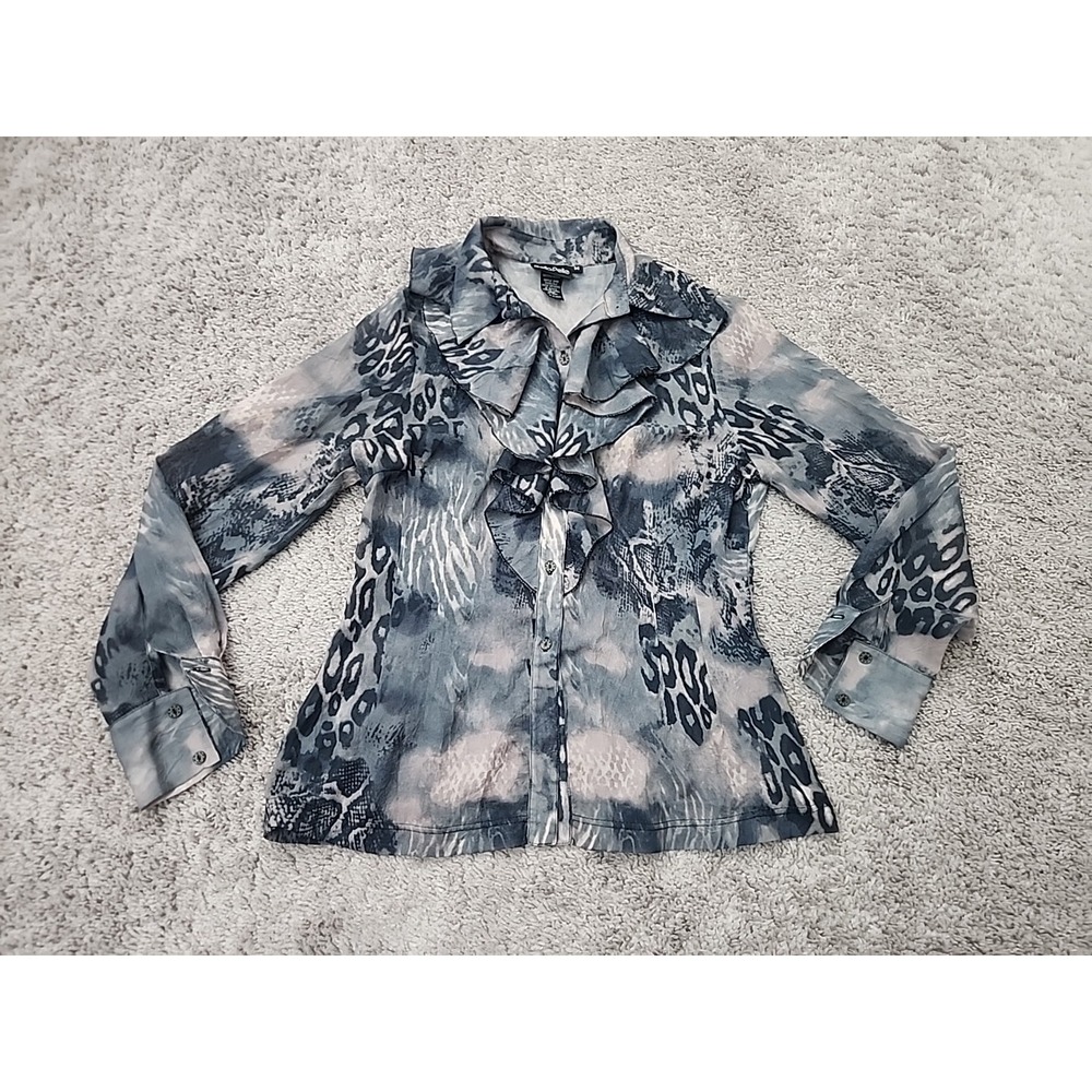 Bella Pelle Ruffle Blouse Womens M Blue Animal Print Long Sleeve Made in USA